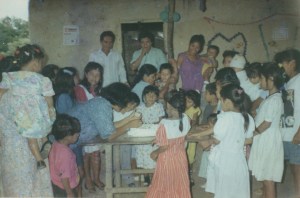 Children at birthday parties brought a bag to take food home for their families.