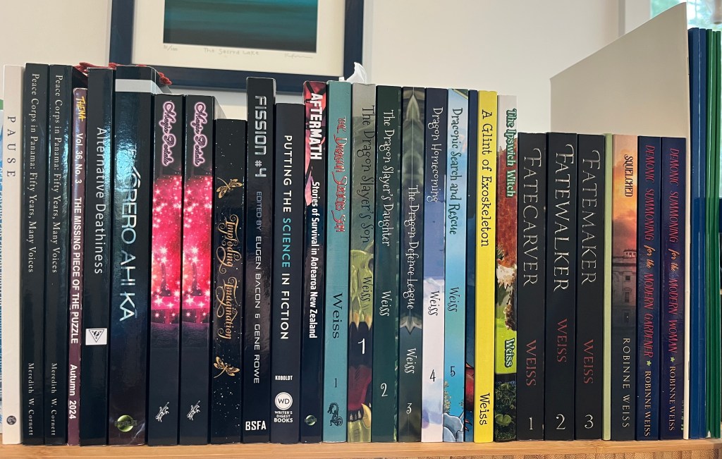 my books on bookshelf